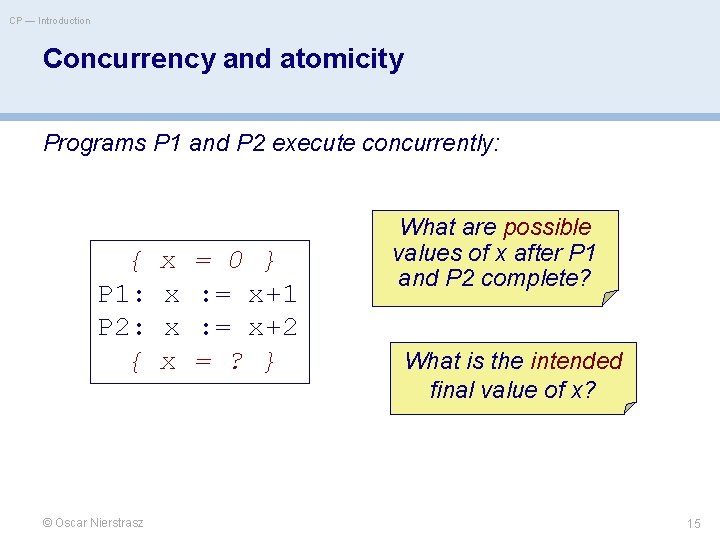 CP — Introduction Concurrency and atomicity Programs P 1 and P 2 execute concurrently: