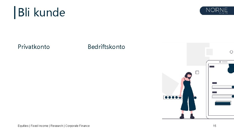 Bli kunde Privatkonto Bedriftskonto Equities | Fixed Income | Research | Corporate Finance 15