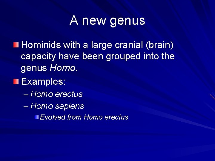A new genus Hominids with a large cranial (brain) capacity have been grouped into