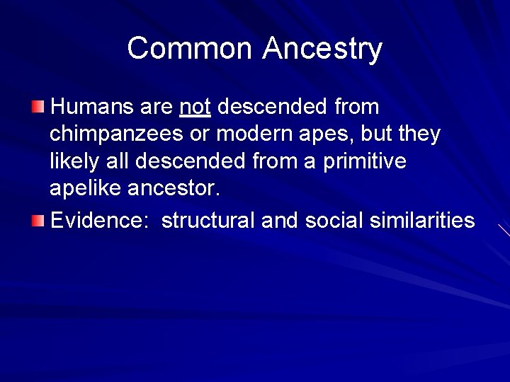 Common Ancestry Humans are not descended from chimpanzees or modern apes, but they likely