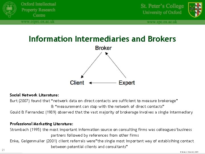 Information Intermediaries and Brokers Social Network Literature: Burt (2007) found that “network data on