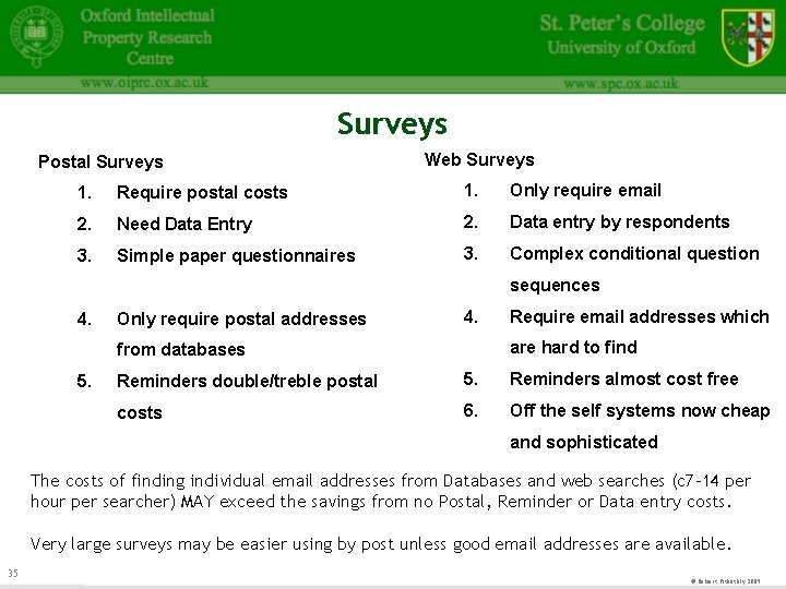 Surveys Postal Surveys Web Surveys 1. Require postal costs 1. Only require email 2.