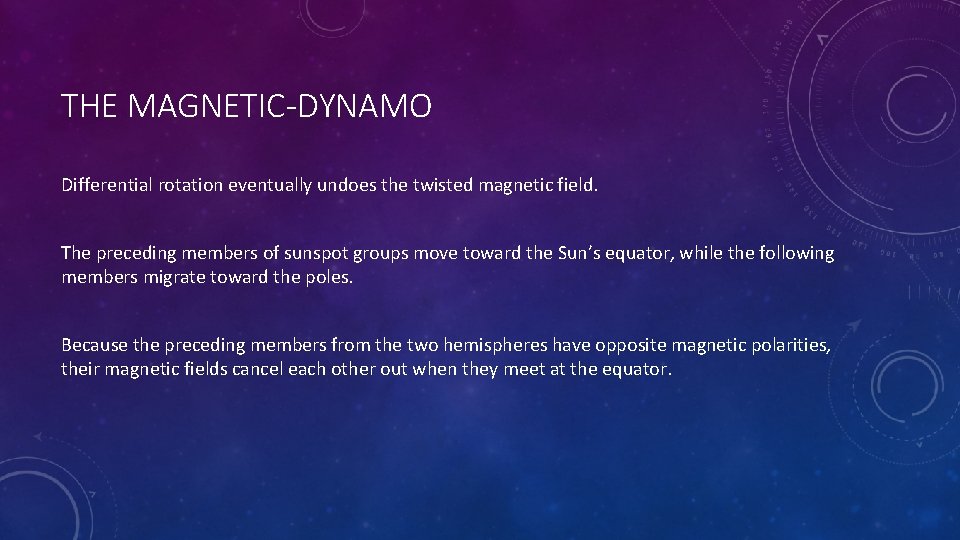 THE MAGNETIC-DYNAMO Differential rotation eventually undoes the twisted magnetic field. The preceding members of