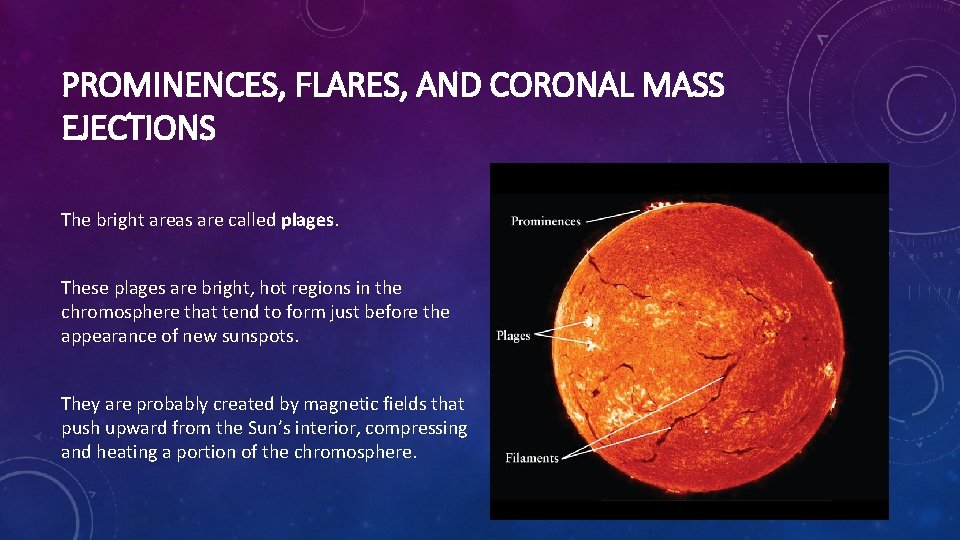 PROMINENCES, FLARES, AND CORONAL MASS EJECTIONS The bright areas are called plages. These plages