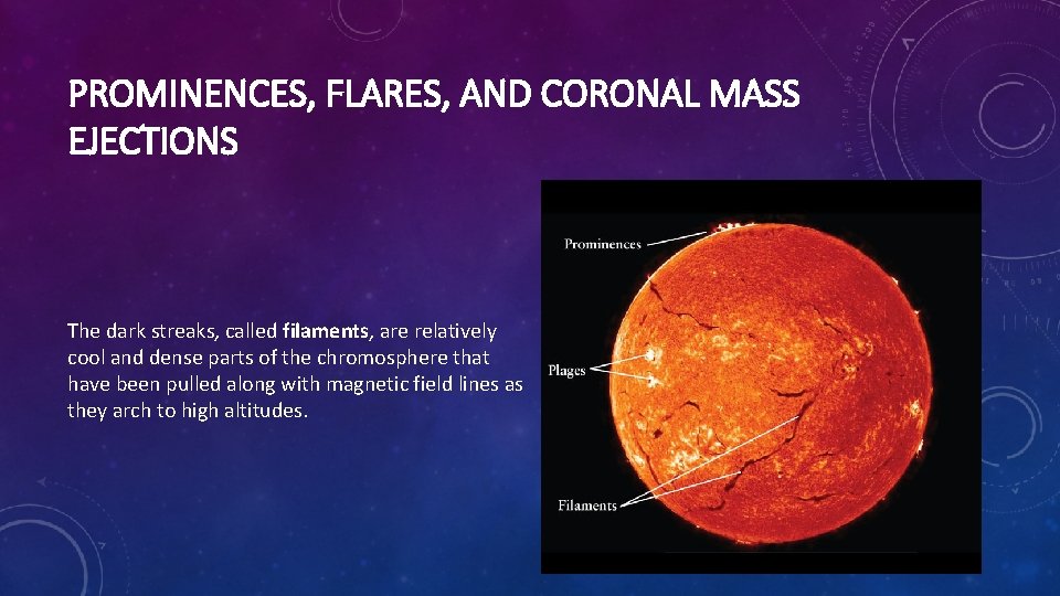 PROMINENCES, FLARES, AND CORONAL MASS EJECTIONS The dark streaks, called filaments, are relatively cool