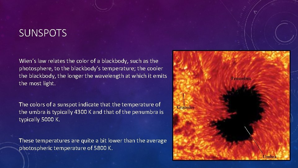 SUNSPOTS Wien’s law relates the color of a blackbody, such as the photosphere, to