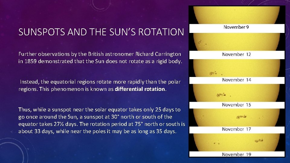 SUNSPOTS AND THE SUN’S ROTATION Further observations by the British astronomer Richard Carrington in