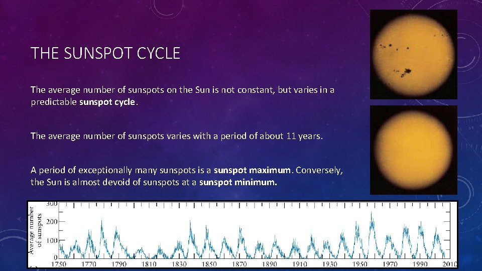 THE SUNSPOT CYCLE The average number of sunspots on the Sun is not constant,