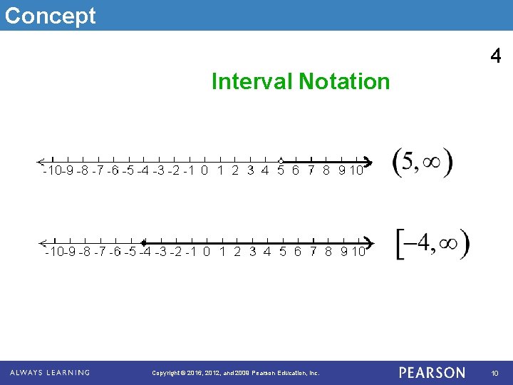Concept 4 Interval Notation Copyright © 2016, 2012, and 2009 Pearson Education, Inc. 10