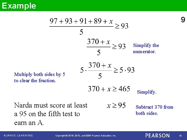 Example 9 Simplify the numerator. Multiply both sides by 5 to clear the fraction.