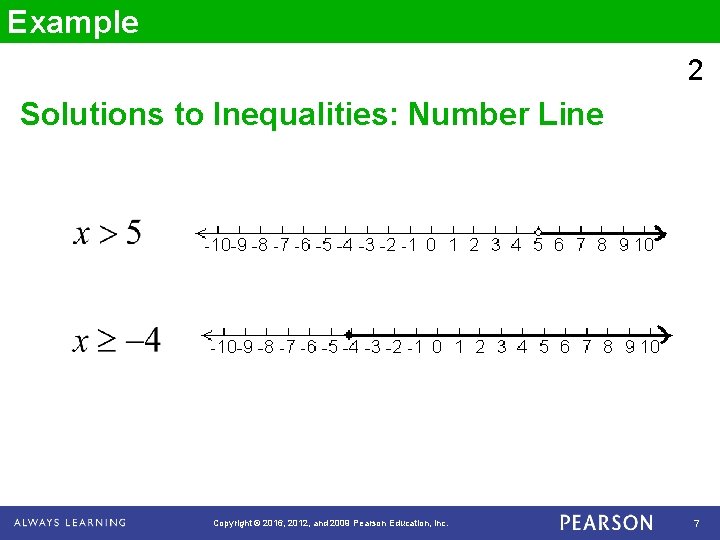 Example 2 Solutions to Inequalities: Number Line Copyright © 2016, 2012, and 2009 Pearson