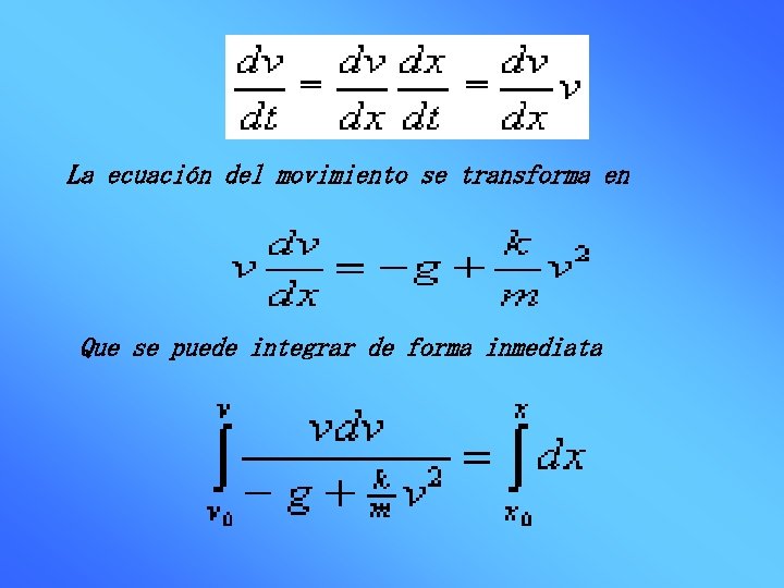 La ecuación del movimiento se transforma en Que se puede integrar de forma inmediata