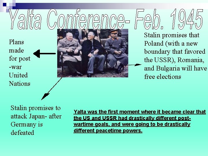 Plans made for post -war United Nations Stalin promises to attack Japan- after Germany