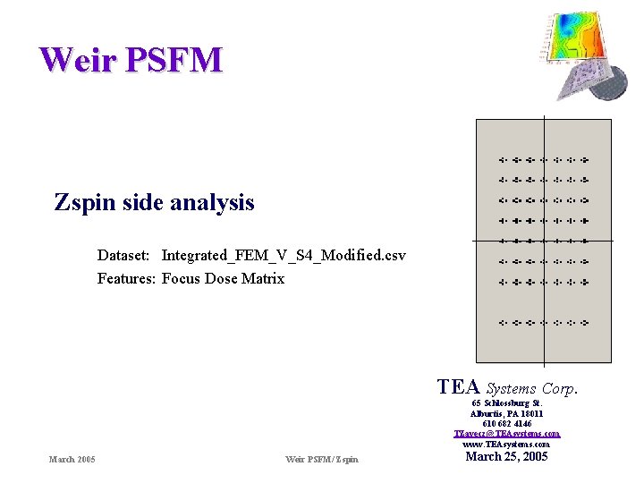 Weir PSFM Zspin side analysis Dataset: Integrated_FEM_V_S 4_Modified. csv Features: Focus Dose Matrix TEA