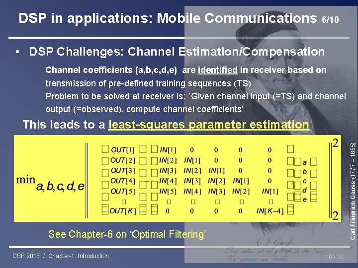DSP in applications: Mobile Communications 6/10 • DSP Challenges: Channel Estimation/Compensation Channel coefficients (a,