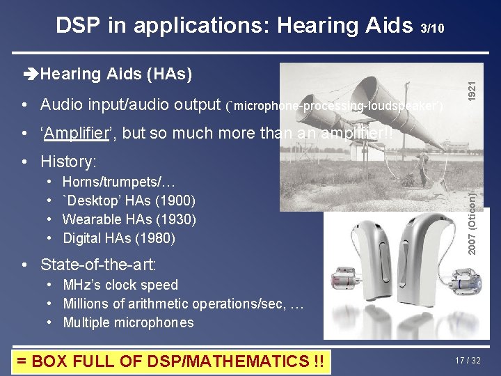  Hearing Aids (HAs) • Audio input/audio output (`microphone-processing-loudspeaker’) 1921 DSP in applications: Hearing