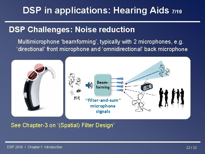 DSP in applications: Hearing Aids 7/10 DSP Challenges: Noise reduction Multimicrophone ‘beamforming’, typically with