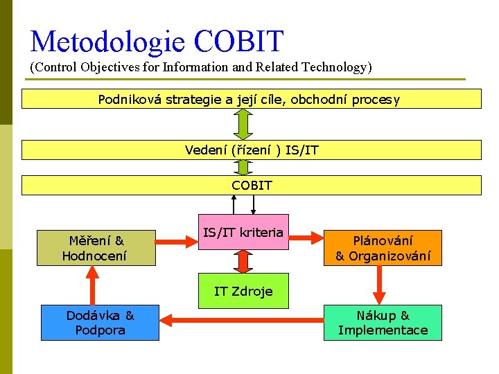 Metodologie COBIT (Control Objectives for Information and Related Technology) Podniková strategie a její cíle,