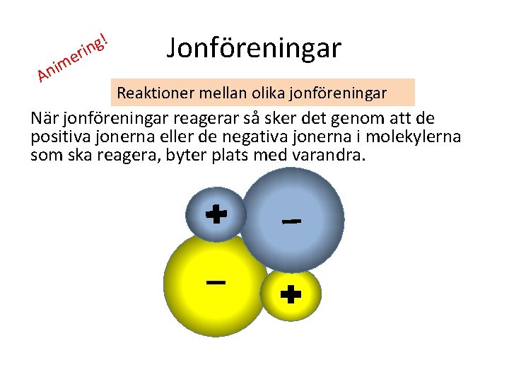 im n A ! g n eri Jonföreningar Reaktioner mellan olika jonföreningar När jonföreningar