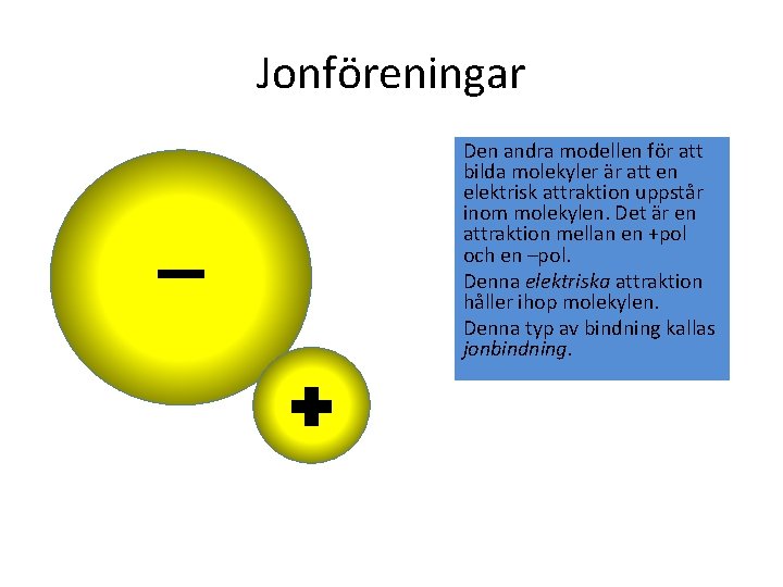 Jonföreningar Den andra modellen för att bilda molekyler är att en elektrisk attraktion uppstår