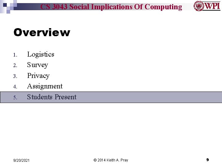 CS 3043 Social Implications Of Computing Overview 1. 2. 3. 4. 5. Logistics Survey