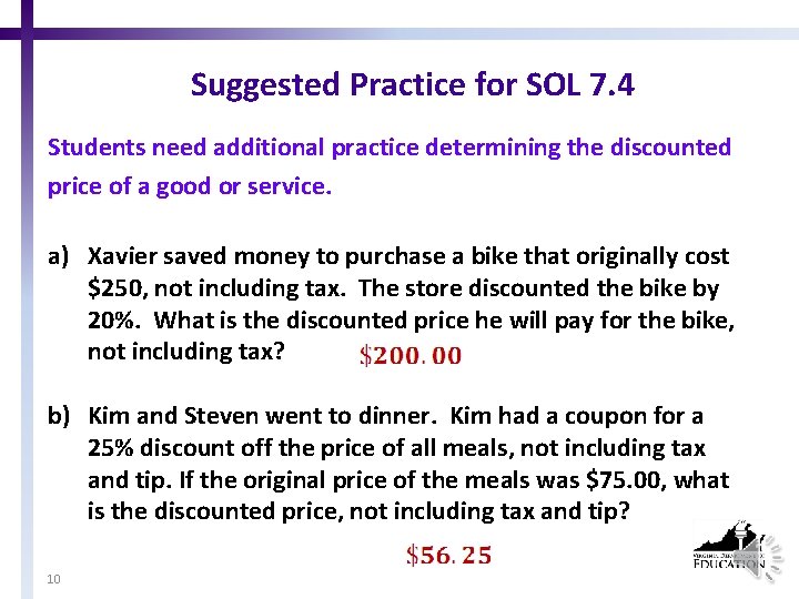 Suggested Practice for SOL 7. 4 Students need additional practice determining the discounted price