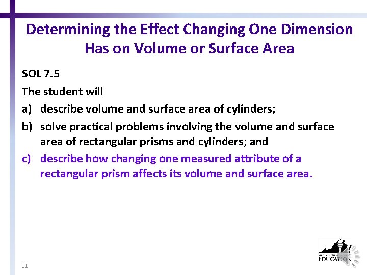 Determining the Effect Changing One Dimension Has on Volume or Surface Area SOL 7.