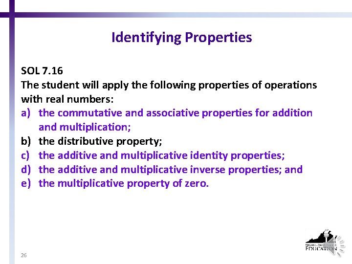 Identifying Properties SOL 7. 16 The student will apply the following properties of operations
