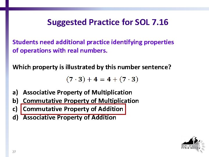 Suggested Practice for SOL 7. 16 Students need additional practice identifying properties of operations