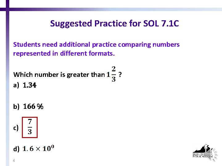 Suggested Practice for SOL 7. 1 C Students need additional practice comparing numbers represented