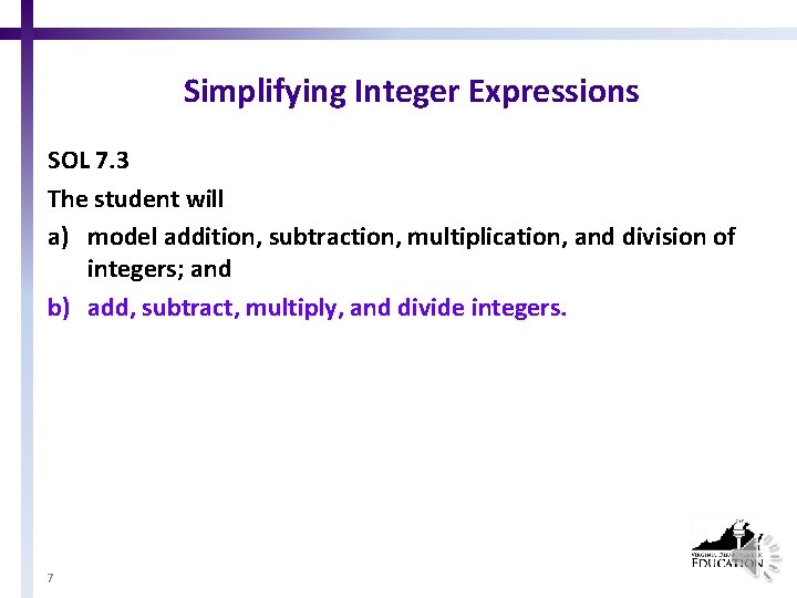 Simplifying Integer Expressions SOL 7. 3 The student will a) model addition, subtraction, multiplication,