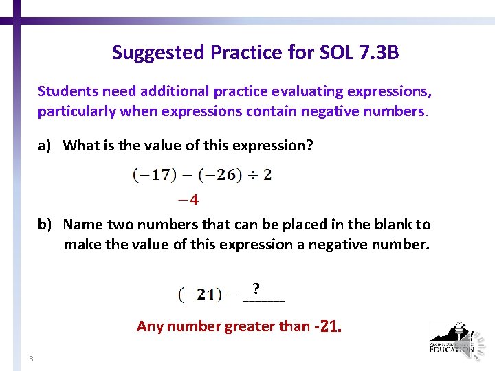 Suggested Practice for SOL 7. 3 B Students need additional practice evaluating expressions, particularly