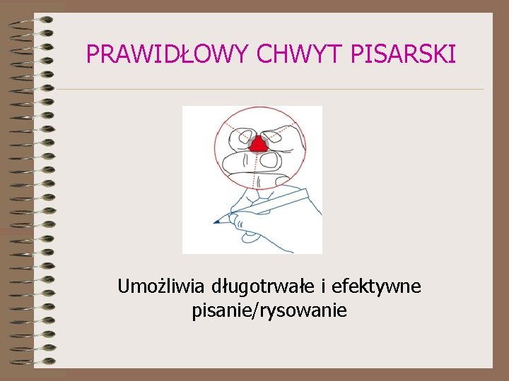 PRAWIDŁOWY CHWYT PISARSKI Umożliwia długotrwałe i efektywne pisanie/rysowanie 