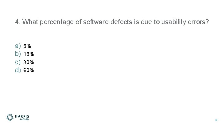 4. What percentage of software defects is due to usability errors? a) b) c)