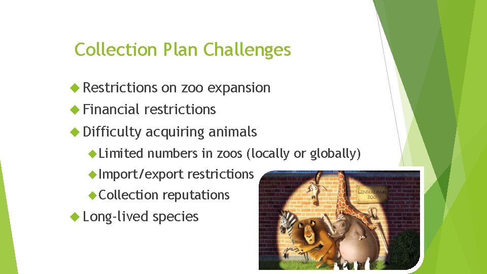 Collection Plan Challenges Restrictions on zoo expansion Financial restrictions Difficulty acquiring animals Limited numbers