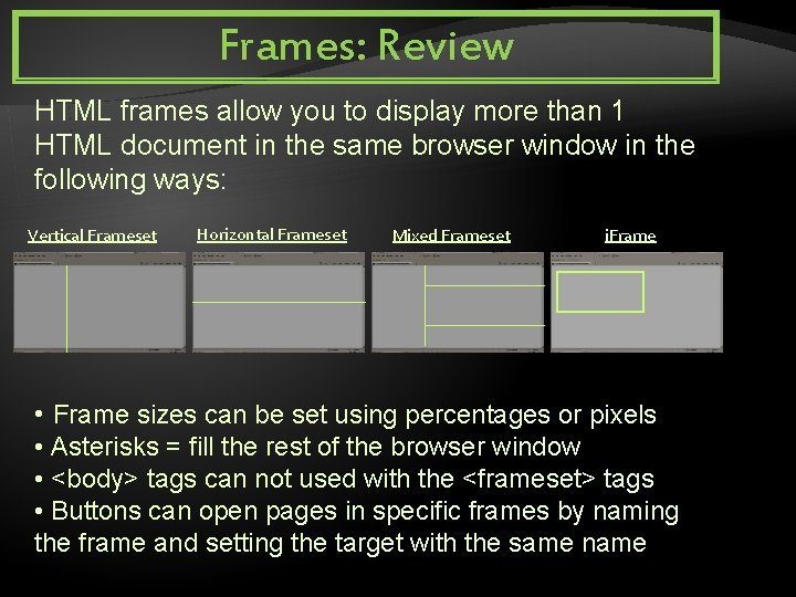 Frames: Review HTML frames allow you to display more than 1 HTML document in