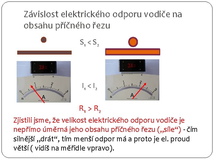 Závislost elektrického odporu vodiče na obsahu příčného řezu S 1 < S 2 I