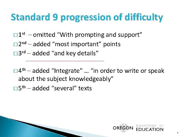 Standard 9 progression of difficulty � 1 st – omitted “With prompting and support”