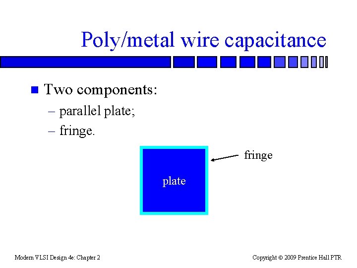 Poly/metal wire capacitance n Two components: – parallel plate; – fringe plate Modern VLSI
