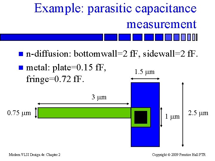 Example: parasitic capacitance measurement n-diffusion: bottomwall=2 f. F, sidewall=2 f. F. n metal: plate=0.