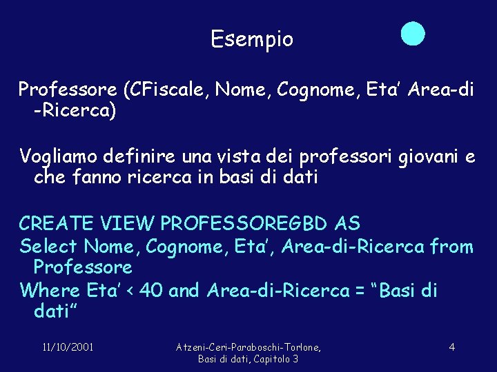 Esempio Professore (CFiscale, Nome, Cognome, Eta’ Area-di -Ricerca) Vogliamo definire una vista dei professori