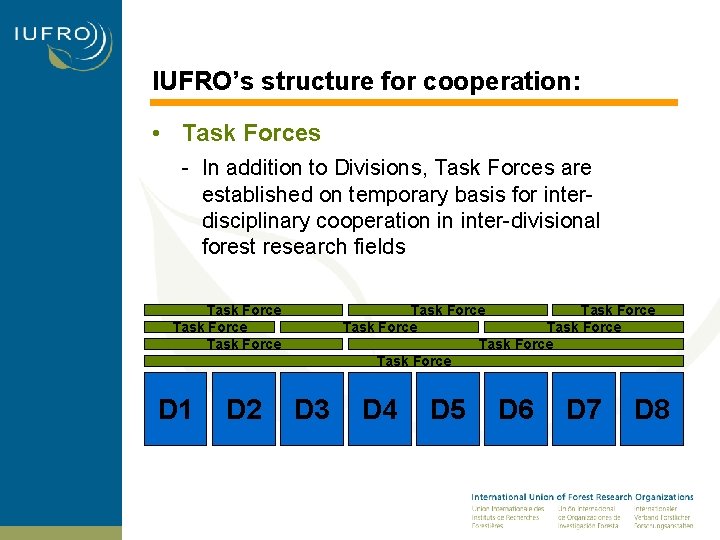 IUFRO’s structure for cooperation: • Task Forces - In addition to Divisions, Task Forces