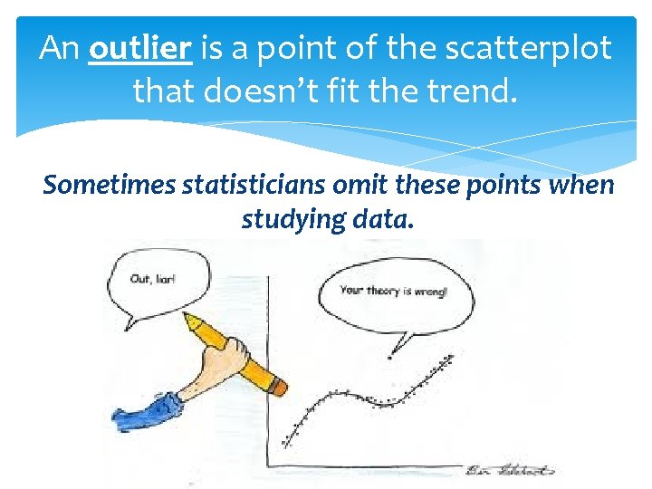 An outlier is a point of the scatterplot that doesn’t fit the trend. Sometimes