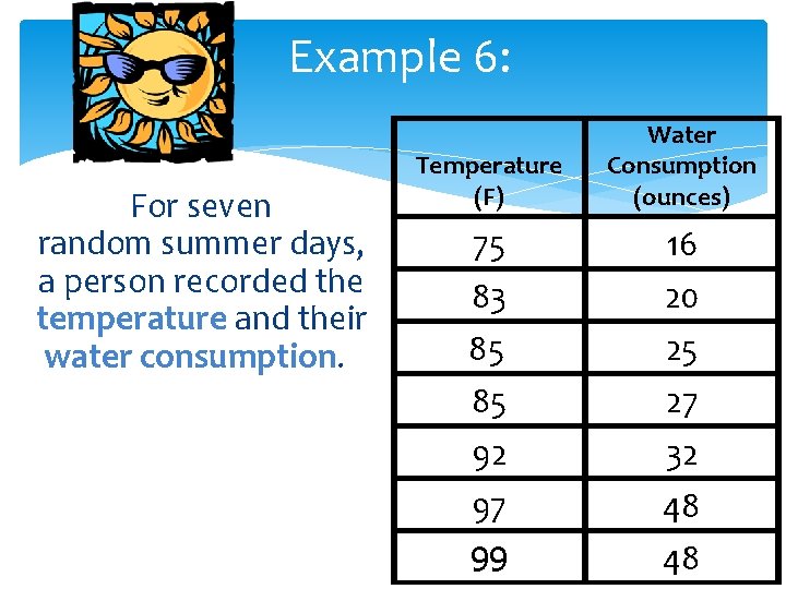 Example 6: For seven random summer days, a person recorded the temperature and their