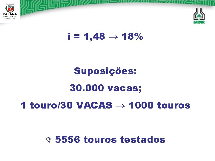 i = 1, 48 18% Suposições: 30. 000 vacas; 1 touro/30 VACAS 1000 touros