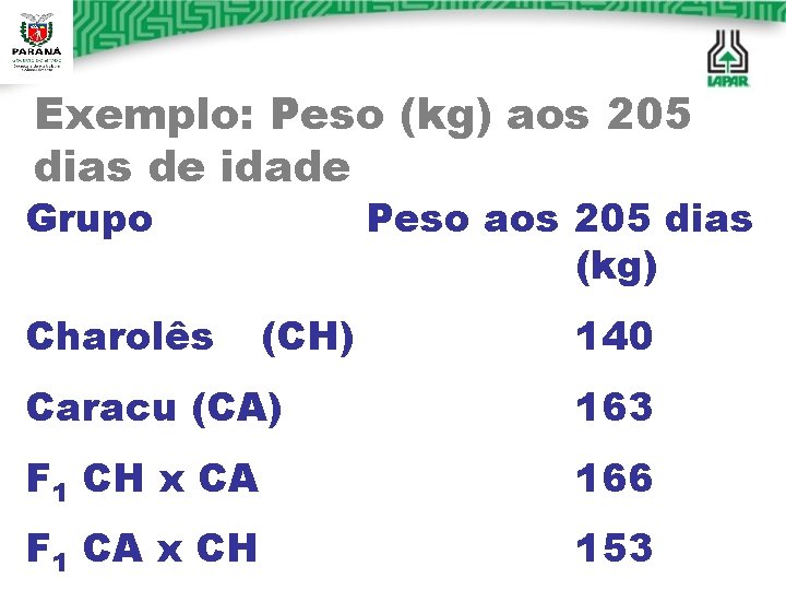 Exemplo: Peso (kg) aos 205 dias de idade Grupo Charolês Peso aos 205 dias