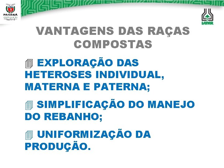 VANTAGENS DAS RAÇAS COMPOSTAS 4 EXPLORAÇÃO DAS HETEROSES INDIVIDUAL, MATERNA E PATERNA; 4 SIMPLIFICAÇÃO