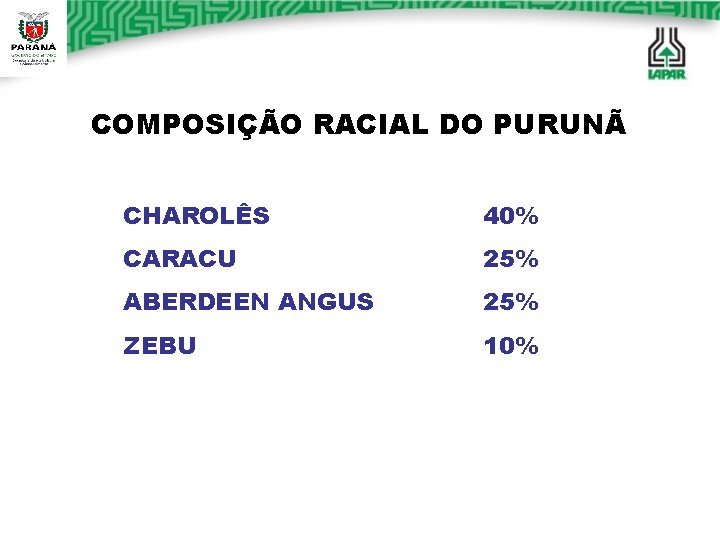 COMPOSIÇÃO RACIAL DO PURUNÃ CHAROLÊS 40% CARACU 25% ABERDEEN ANGUS 25% ZEBU 10% COMPOSIÇÃO RACIAL DO PURUNÃ CHAROLÊS 40% CARACU 25% ABERDEEN ANGUS 25% ZEBU 10%