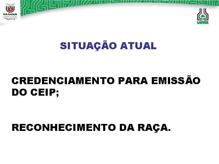 SITUAÇÃO ATUAL CREDENCIAMENTO PARA EMISSÃO DO CEIP; RECONHECIMENTO DA RAÇA. 