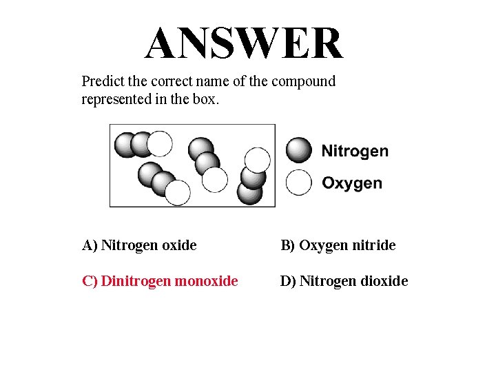 ANSWER Predict the correct name of the compound represented in the box. A) Nitrogen